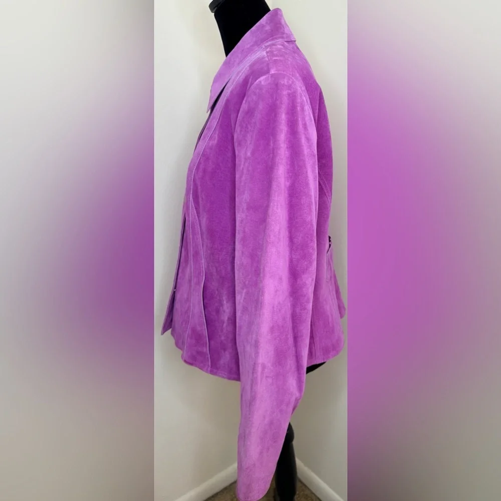 Vintage Anne Klein pink purple suede moto jacket snap close collar pockets 14 EC - Picture 4 of 10